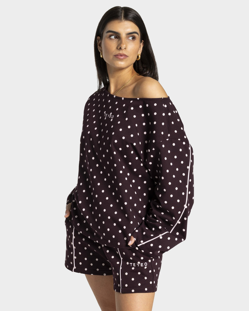 Haut à manches longues Off-Shoulder Contrastline « merlot à pois »